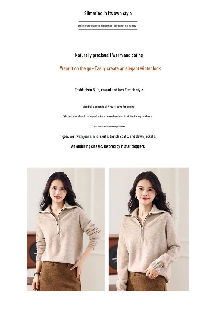 Women's Half Zip Lapel Cashmere Sweater - Loose Knit, Thick, 100% Pure Wool, Solid Color.