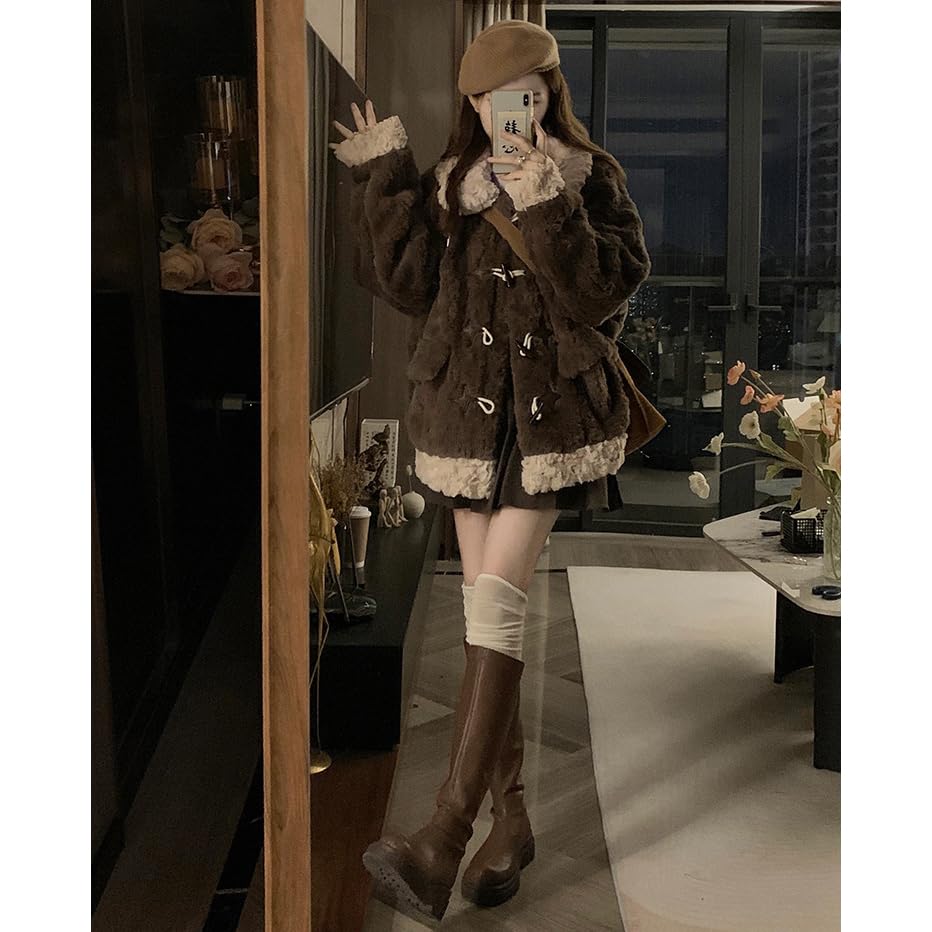 ZANBANG Toggle Button Boa Cute Boa Warm Loose Casual Fleece Plus YUEWT205 Women's Jacket, Coat, Outerwear, Fluffy, Fit, Fashion, Lining, Thick,