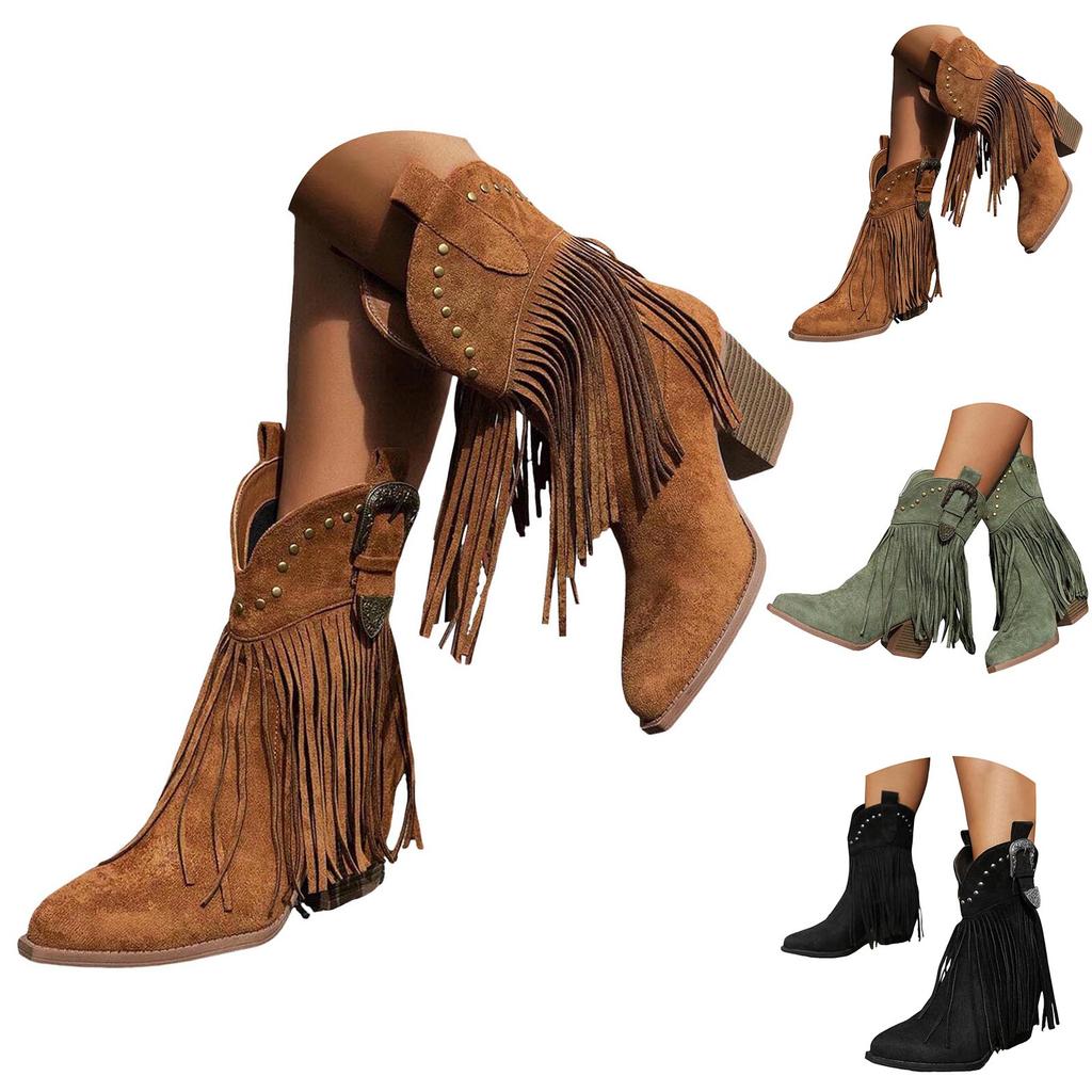 Womens Mid Calf Boots Flat Heel Womens Boots Comfortable Pull On Chunky Heel Pointed Toe Fringed Boots Botas Invierno Mujer
