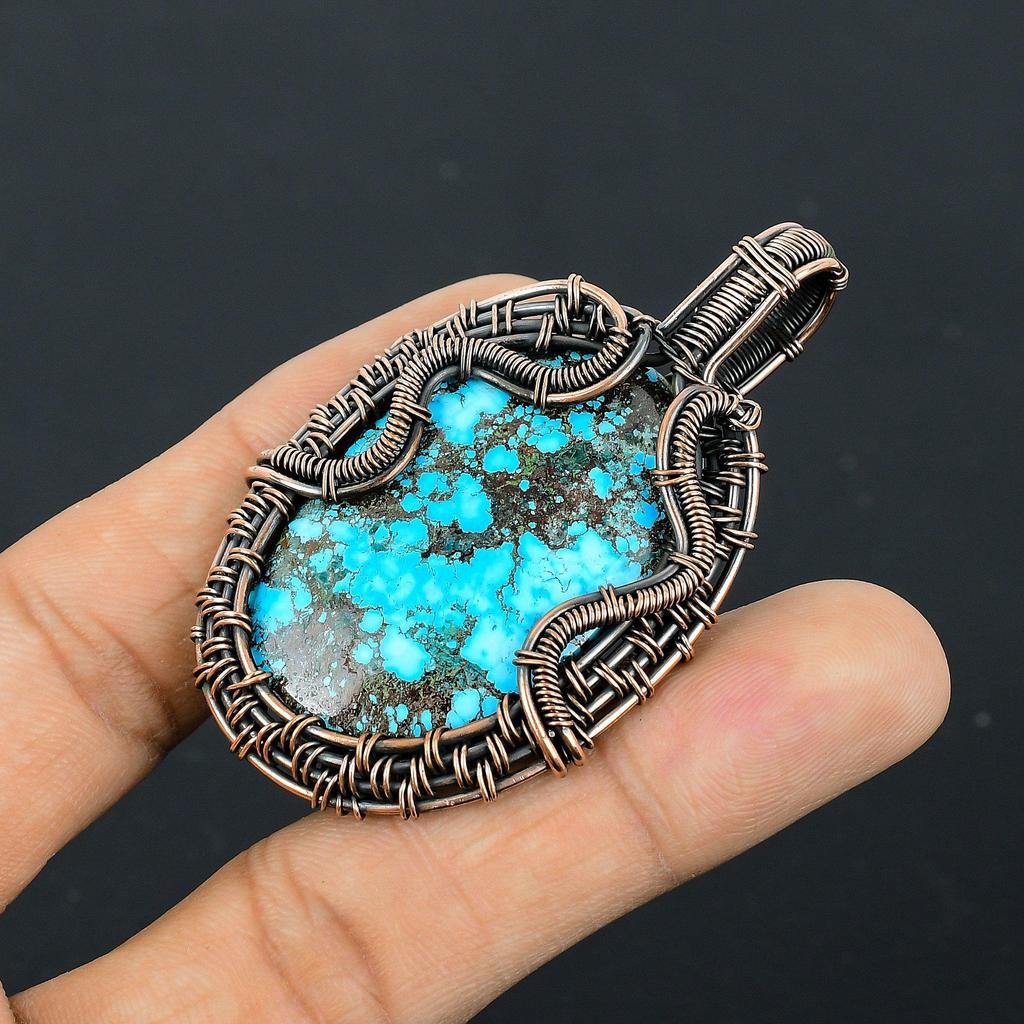 Tibetan Turquoise Pendant, 999 Copper Wire Wrapped Gemstone Jewelry, Handmade Pendant, For Thanksgiving