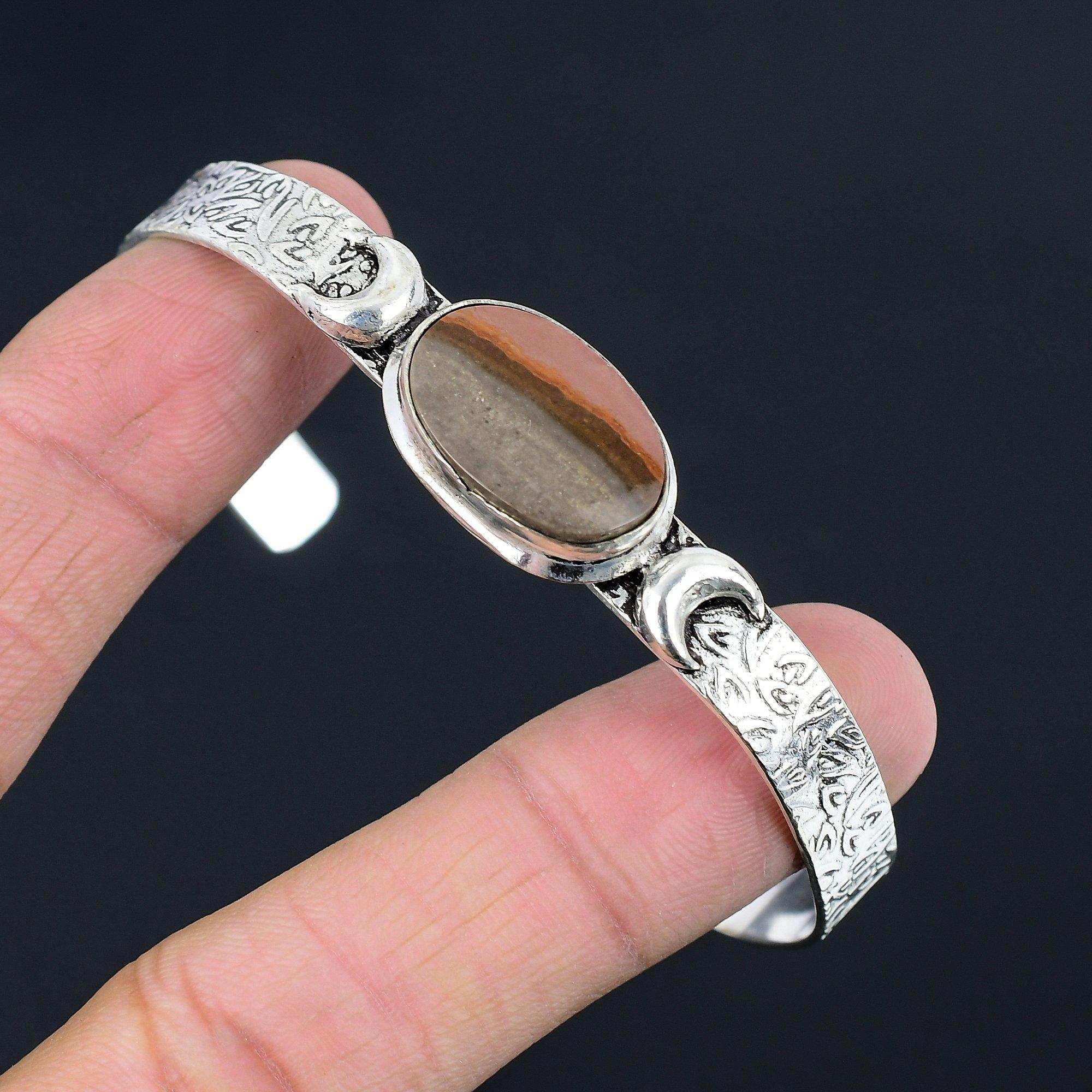 

Natural Landscape Jasper Daughter Crescent Moon Bangle Bracelet Sterling Silver Adjustable