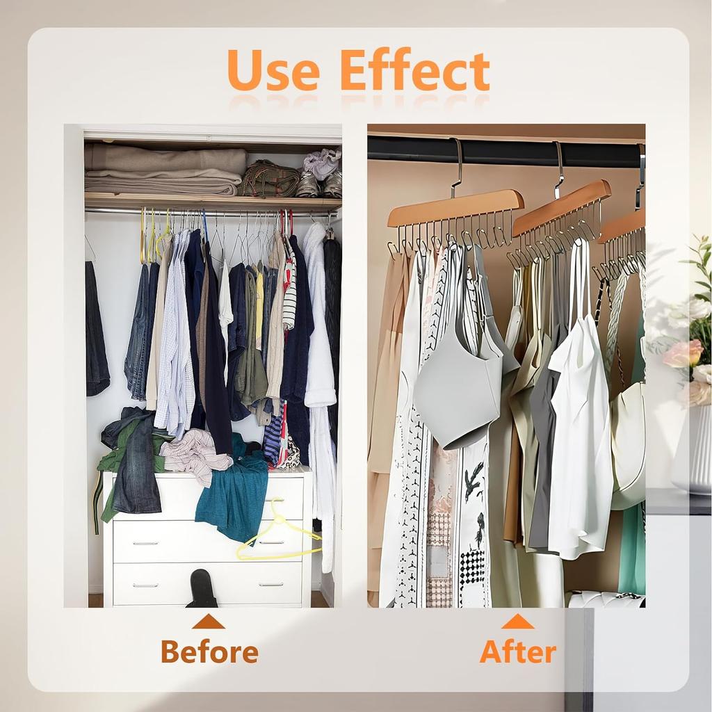 2pcs Multifunctional Wooden Clothes Hanger With 8 Hooks Space Saving Closet Organizer For Belts, Ties, Bras, Tank Tops, Jeans And Trousers