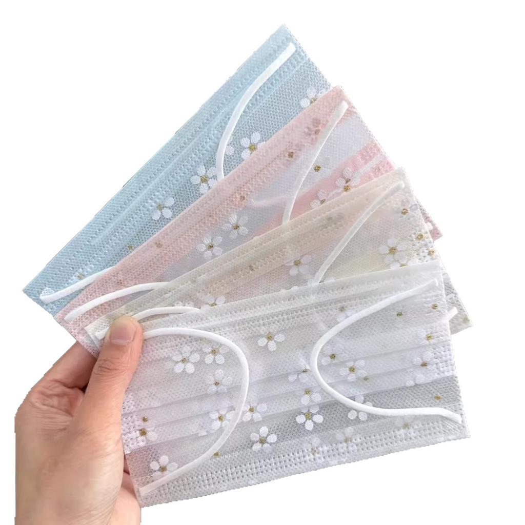 10 Pièces Masques Jetables en Maille pour Femmes de Haute Valeur Anti-Poussière Crème Solaire Mignon Fleur de Cerisier Respirant Fin Printemps et Été