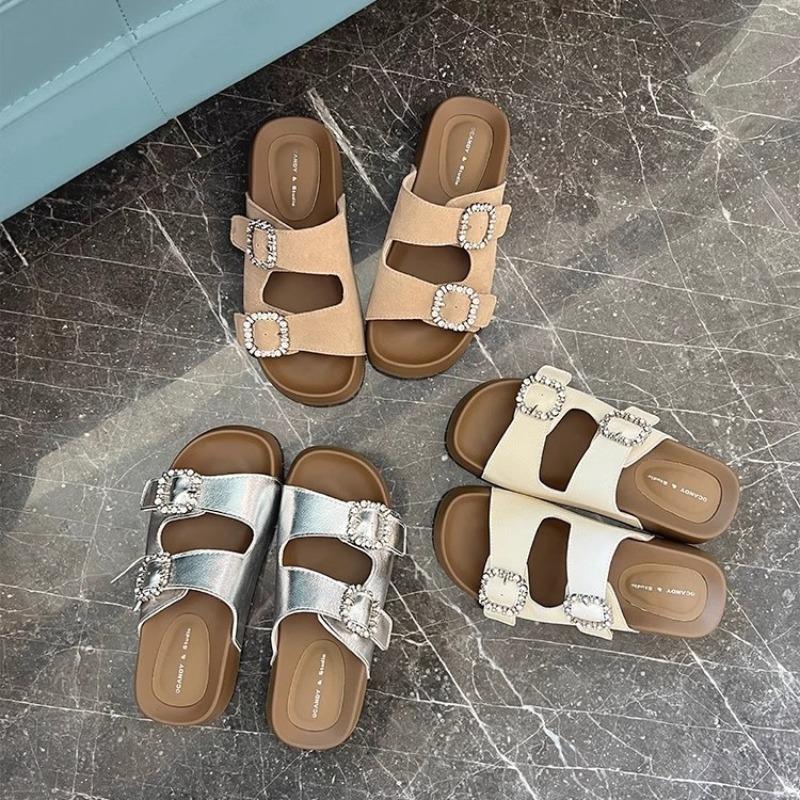 Height-increasing thick-soled one-word slippers women's summer new rhinestone versatile slippers outer sandals