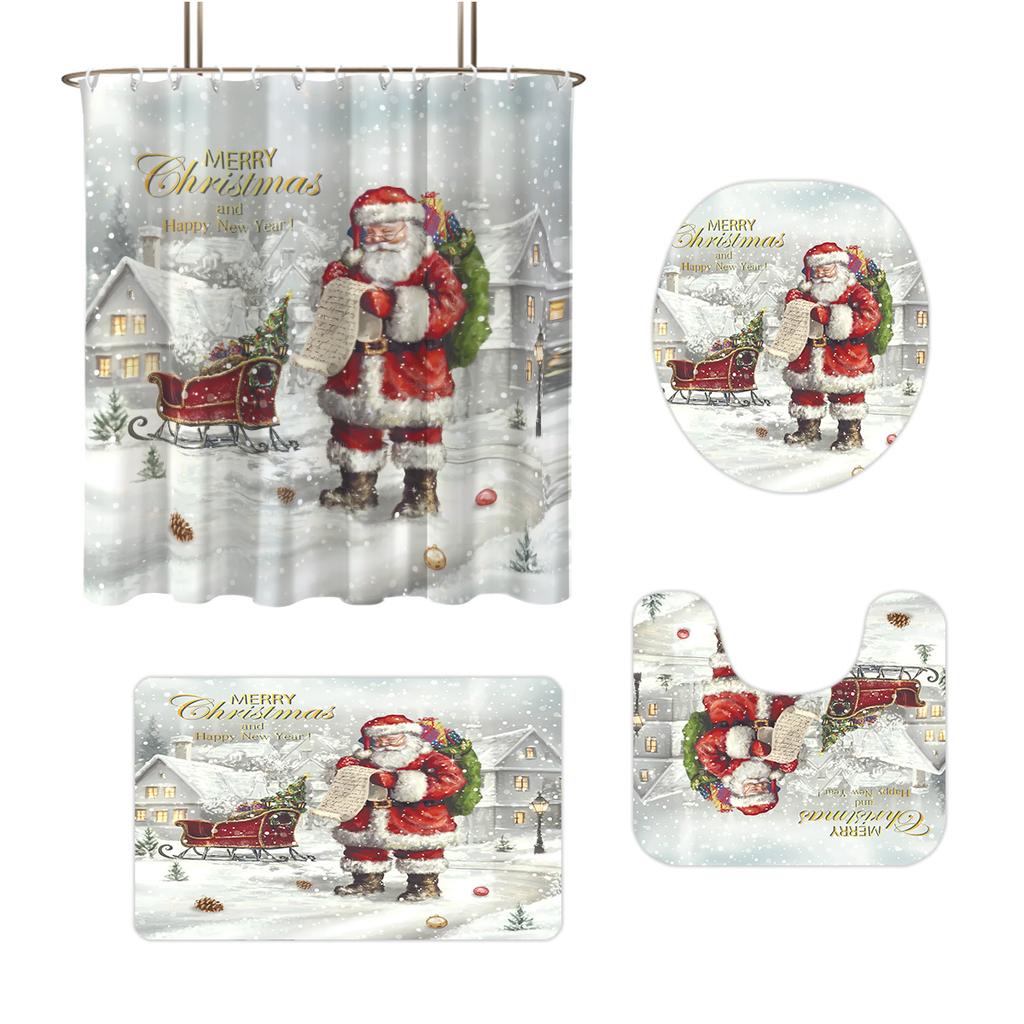 4pcs Merry Christmas Santa Claus Printed Bathroom Set 180x180 Waterproof Shower Curtain Floor Mat Toilet Mat U-shaped Mat