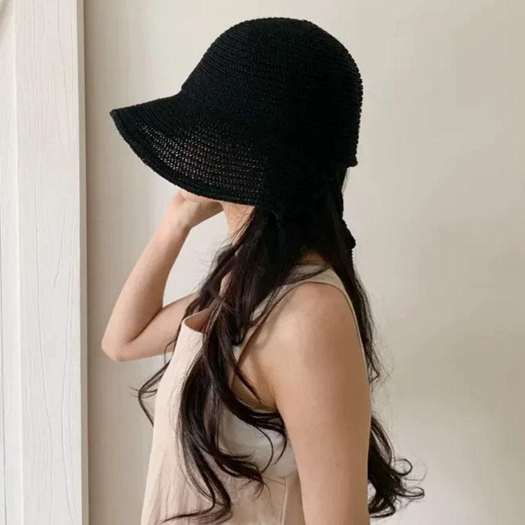 Summer Women Knitted Sun Hat Solid Color Breathable Wide Brim Bucket Hats Ins Korean Girl Beach Travel Windproof Strap Basin Cap