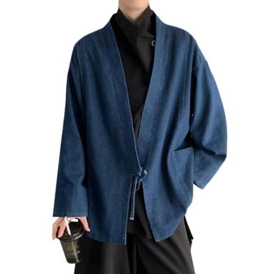 Giacca Kimono da Uomo Jiyutor Manica Lunga Giacca di Jeans Unisex Stile Parka Giapponese Camicia Aperta Davanti Top Haori Liscio M4XL (6 Blu)
