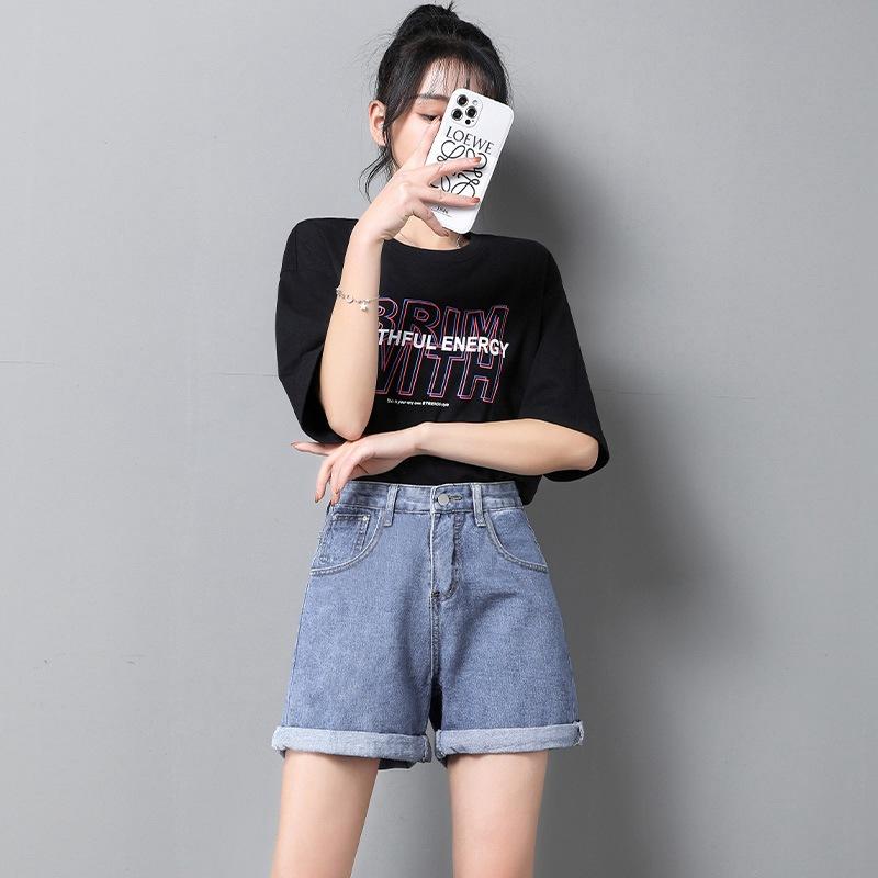 Classic and Minimalist Fashion Versatile Rolled Edge Female Summer High-waisted A Word Show Thin Outside Wear Casual Wide-legged Pants Denim Shorts