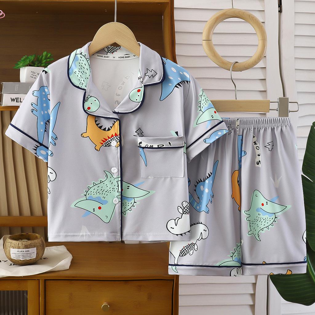 Kids Summer Cartoon Print Short Sleeve Pajama Set Thin Collar Home Wear For Boys And Girls Air Conditioned Room Sleepwear