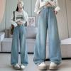 Plus Size Women's Black Denim Pants, Loose Elastic Waist, Wide-Leg, Straight, Floor-Length, Winter Extra Thick, Slimming, Fits Up to 200 Jin.