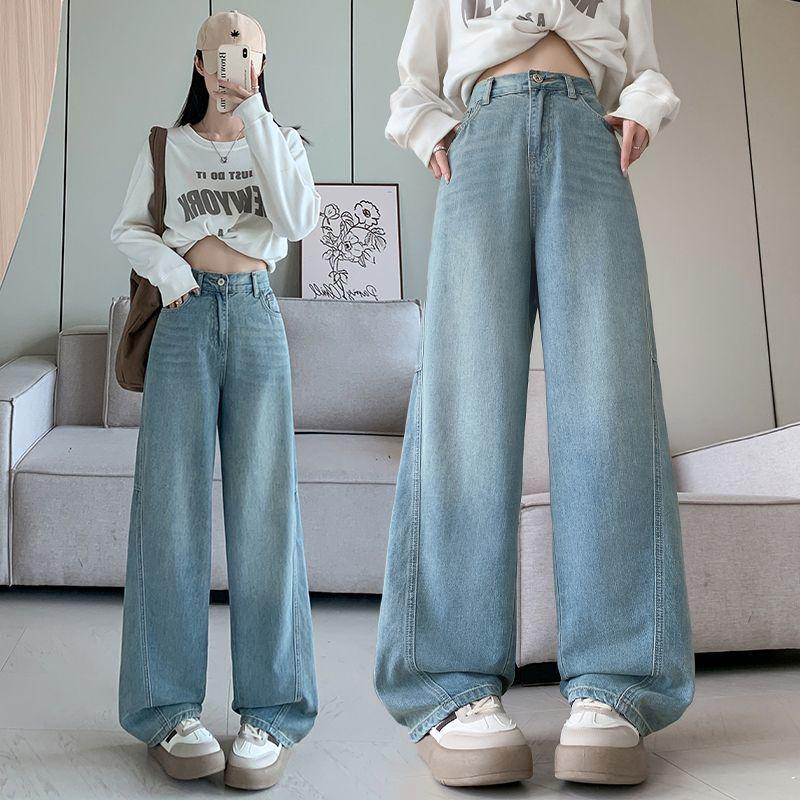 Plus Size Women's Black Denim Pants, Loose Elastic Waist, Wide-Leg, Straight, Floor-Length, Winter Extra Thick, Slimming, Fits Up to 200 Jin.