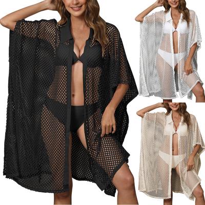 Women's Beachwear Vacation Cover-up Mesh Patchwork Shirt Collar Irregular Dress Loose Solid Color Cover-up