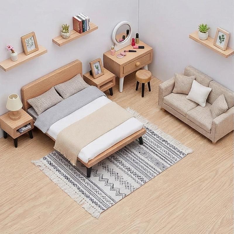 Pack of 5 Plastic Wooden Doll Bedroom Accessory Set With Tiny Wardrobe Vanity Stool And Nightstand For Kids Playhouse