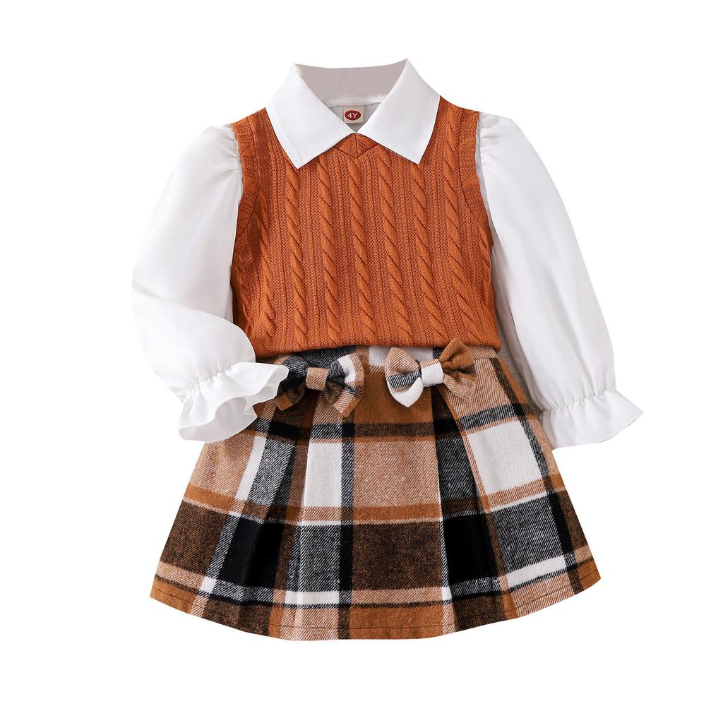 Spring and Autumn Children's Casual Long-sleeved Shirt + Plaid Skirt + Sweater Vest Three-piece Suit