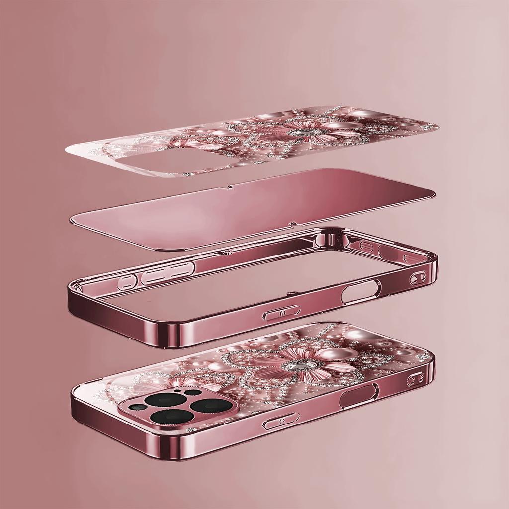Glam Rose Gold Floral phone case for iphone 17 pro max cover Built-in glass for iPhone 17 16 15 14 13 12 pm Pro Plus
