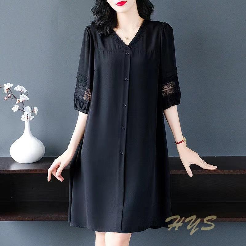 

Women s Elegant Black Midi Dress V Neck Lace Trim 3/4 Sleeve Button Down Shirt Dress Casual Loose Fit Summer Dress For Ladies 4XL чёрный
