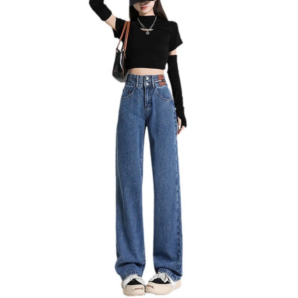 Trendige Persönlichkeit High Waist Doppel-Schnalle Weitbeinjeans Damen Frühling und Herbst neue Pendler Loose Straight Jeans