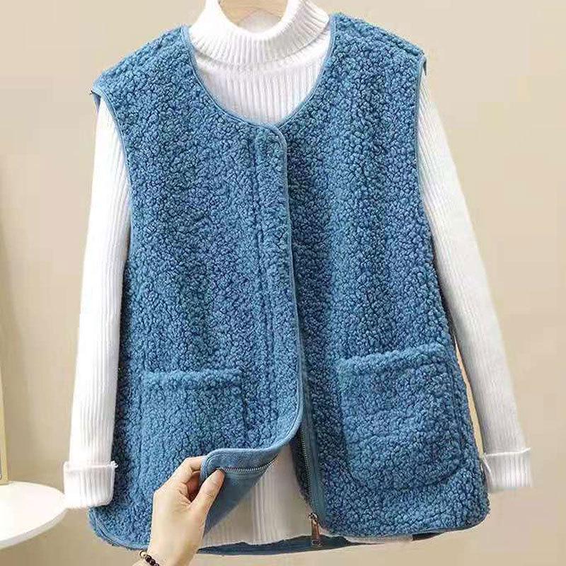 Chaleco de lana de cordero con cremallera para mujer, otoño/invierno, con pelo grueso