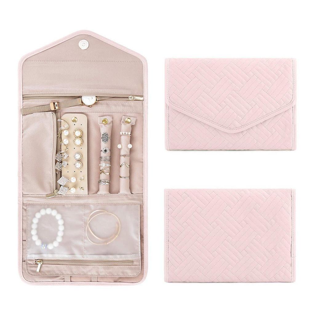 Travel Jewelry Organizer Case Foldable Jewelry Roll for Journey-Rings, Necklaces, Earrings, Bracelets,Mini,Soft Pink
