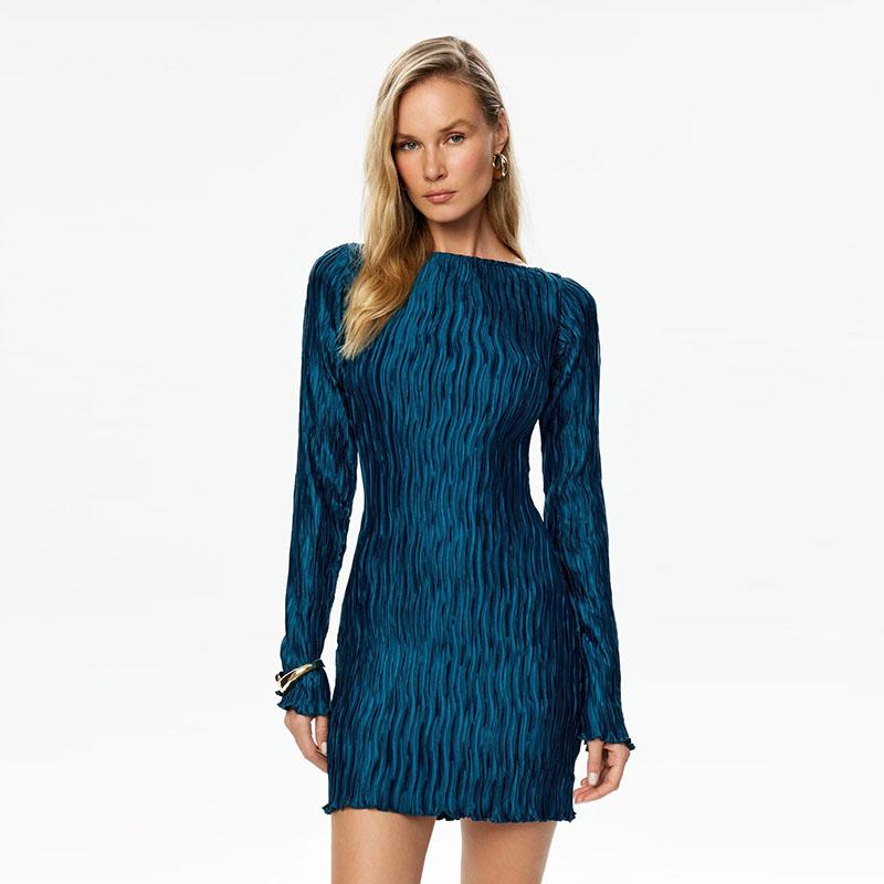 

Плиссированное текстурированное сексуальное облегающее мини-платье для женщин на осень-зиму, однотонное, с круглым вырезом, с длинным рукавом, с пакетом на бедрах, вечерние платья S темно-синий