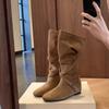 Inner heightening boots women's new autumn retro versatile stacking boots belt buckle slim tall knight boots