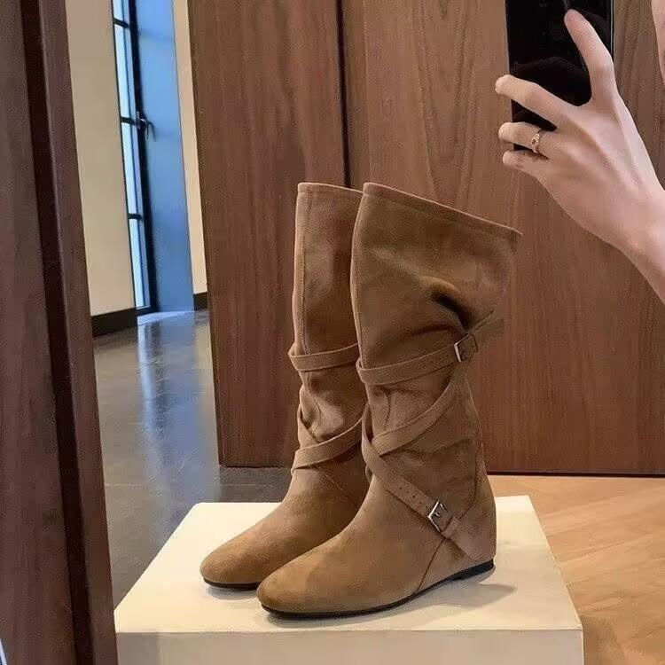 Inner heightening boots women's new autumn retro versatile stacking boots belt buckle slim tall knight boots