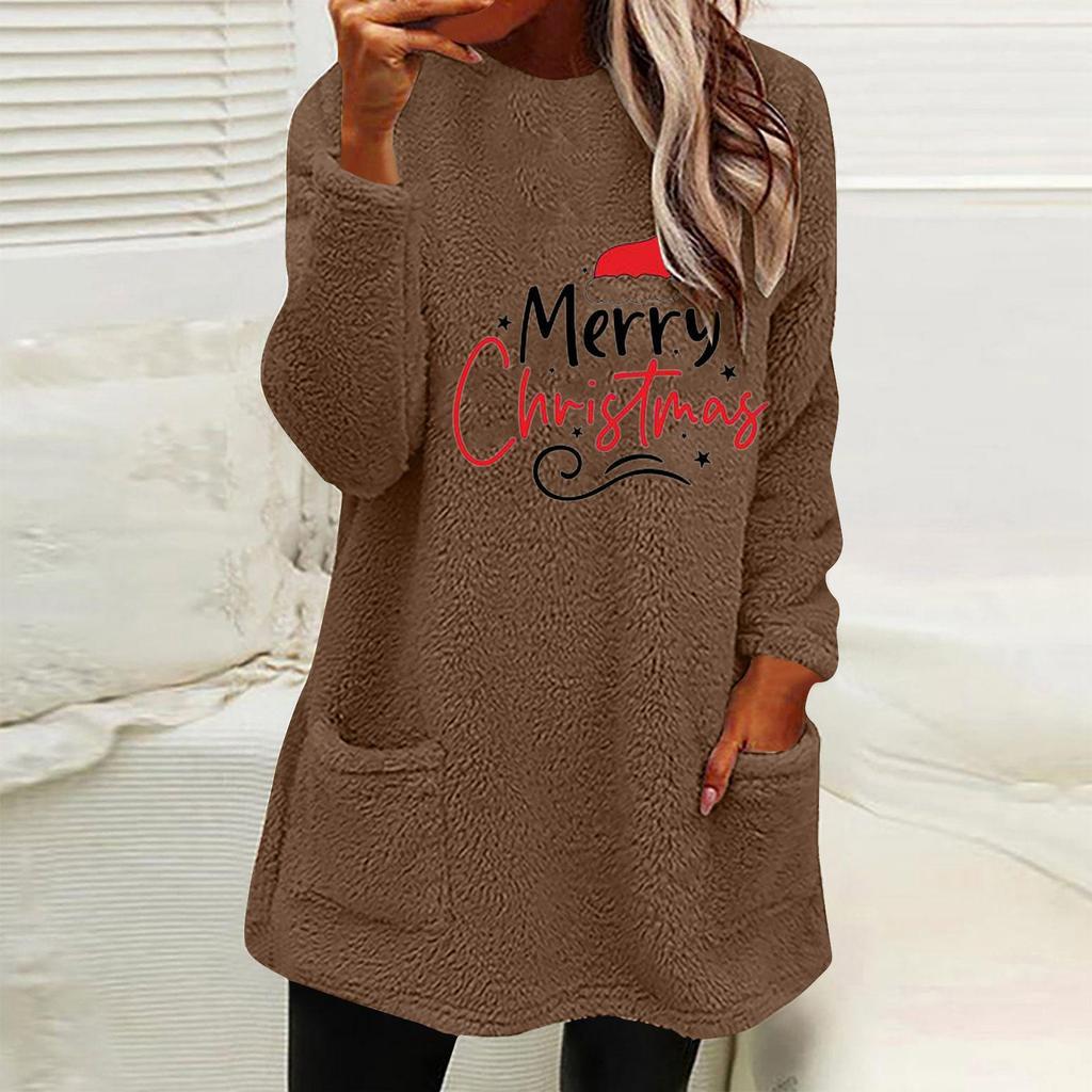 Women's Loose Long Sleeve Christmas Hat Print Fleece Hoodie