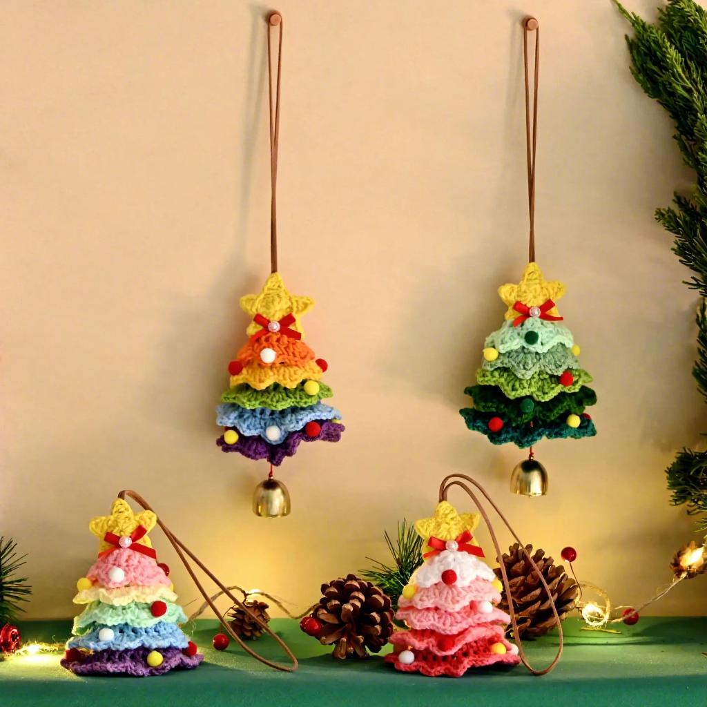 Handmade Crochet Christmas Tree Car Rearview Mirror Hanging Accessories Colorful Knitted Xmas Tree Charm for Car Decor Gift