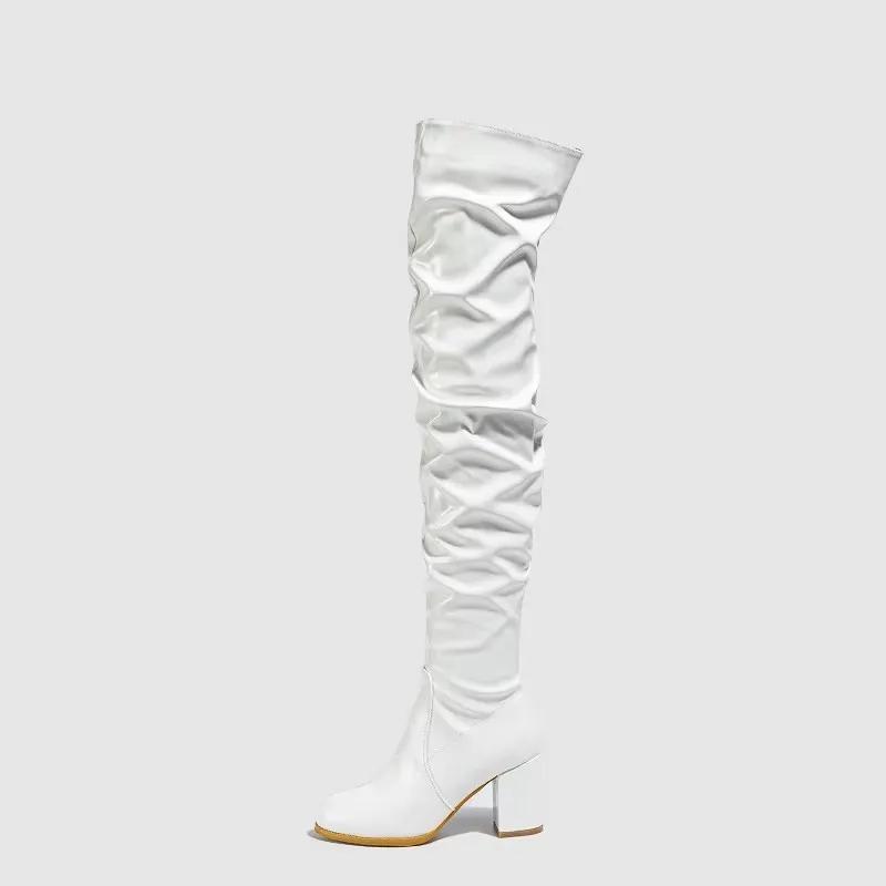 

Модные Eilyken 2025 Новые женские ботфорты на массивном высоком каблуке Дизайнерская обувь Кожаные длинные ботильоны Выше колена Botas De Mujer 35 белый