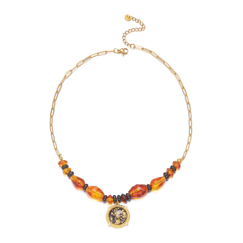 Vintage Imitation Amber Stainless Steel Clavicle Necklace for Women Classical Rhinestone Coin Pendant Chain Party Jewelry Gift
