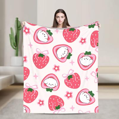 Pink Strawberry Print Blanket Decorative Flannel Throw Blanket For Couch Chair Warm Soft Custom Quality Bedspread