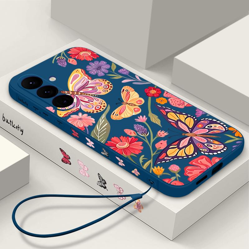 Butterfly Flower Phone Case For Samsung Galaxy A56 A17 A26 A16 A36 A55 A54 A53 A15 S24 S25 FE S25 S22 S23 Ultra Plus Lanyard Soft Cover
