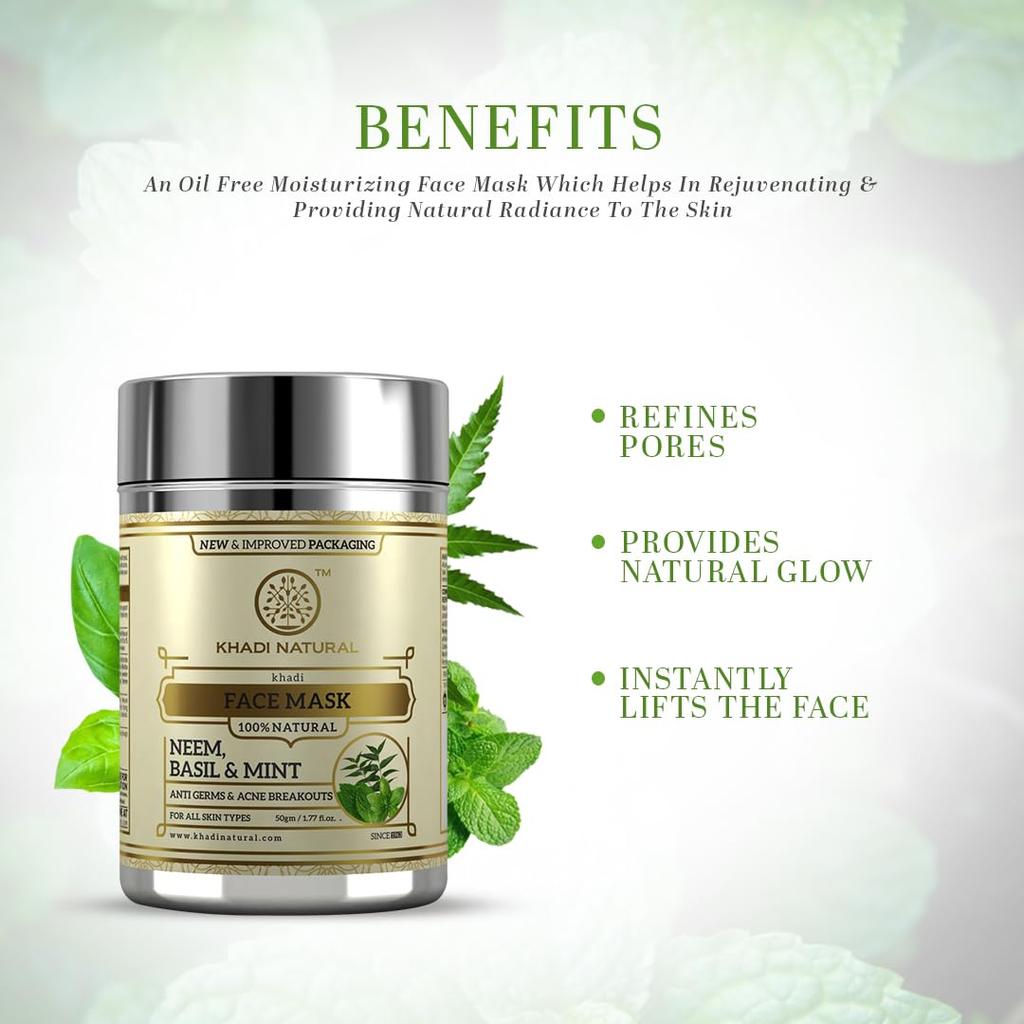 Khadi Natural Neem Basil Mint Anti Acne Face Mask 50g Herbal Skincare for Clear Radiant Skin