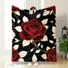 Red Roses with Gold Outlines and Cream Leaves On a Black Background. for All Seasons Blanket Lunch Break Throw Gift