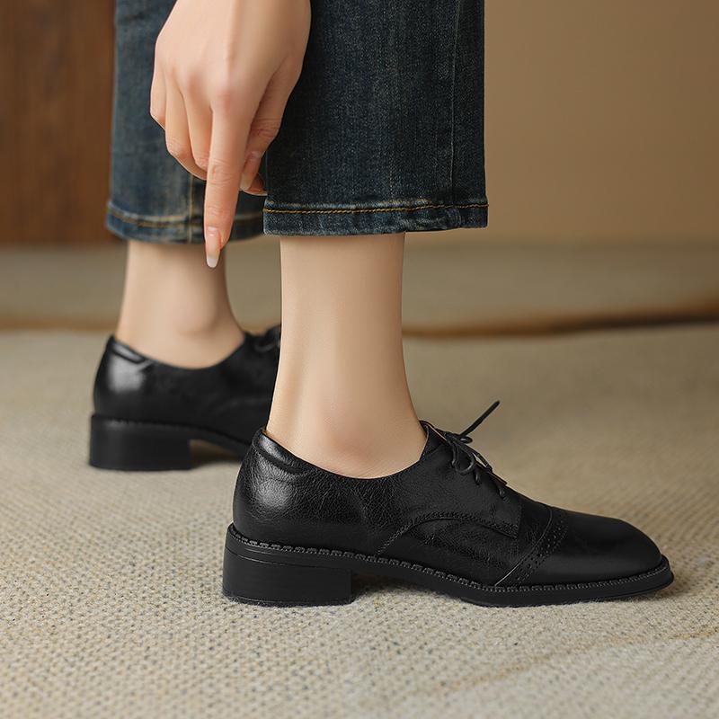 Fashion 2024 New Pumps Oxfords Spring Shoes for Woman Genuine Leather Brogues Vintage Lace Up Loafers Casual Handmade Black Ladies Shoes
