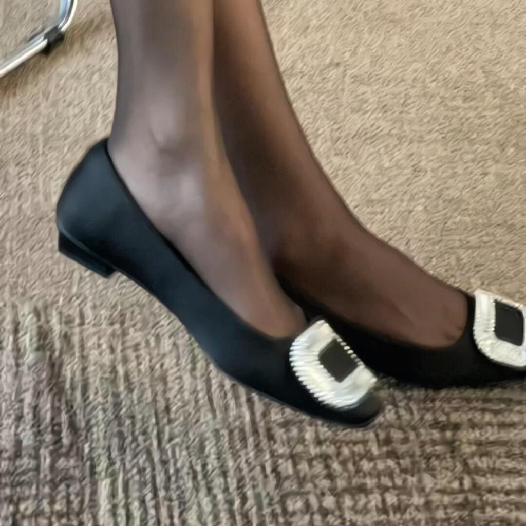 Sheepskin version~ Beautiful rhinestone square buckle leather small heels women's French square head Mary Jane single shoes ladyshoes evening shoes