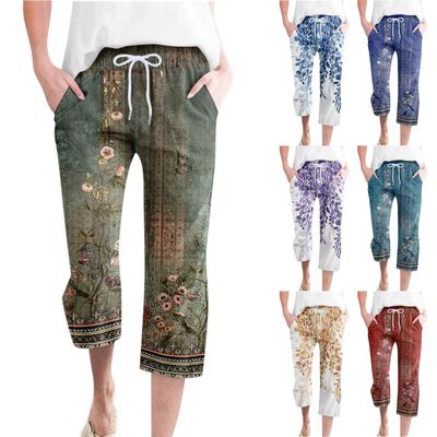 Pants For Women Casual Summer Printed Cotton And Linen Loose Pants Pocket Mid Leg Pants