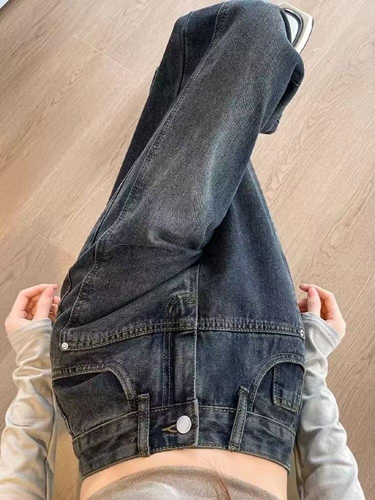 American High-End Petite Women s Black-Gray Velvet Wide-Leg Jeans 2XL