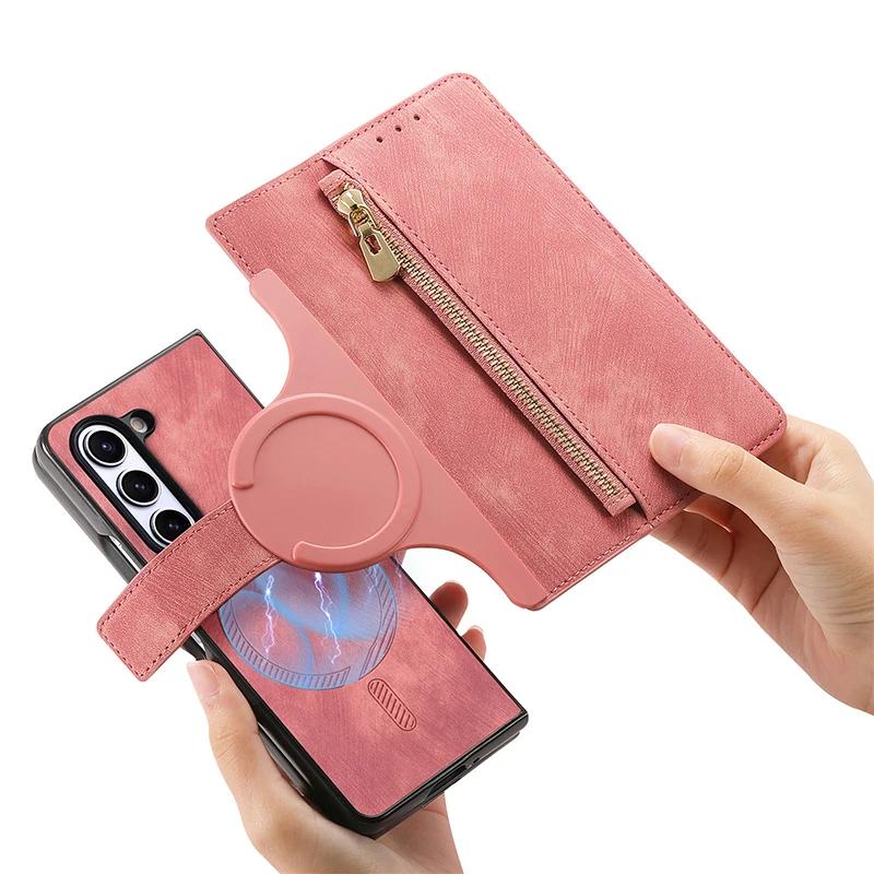 Magnetic 2 in 1 Detachable Flip Card Wallet Case for Magsafe Samsung Galaxy Z Fold 7 6 5 4 3 Zipper Cards Solt Leather Bag Cover