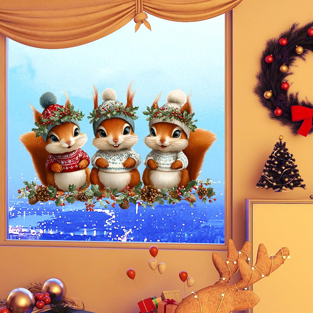 Electrostatic Cartoon Christmas Squirrel Electrostatic Adsorption Glue-free Glass Stickers Are Used for Christmas Decoration