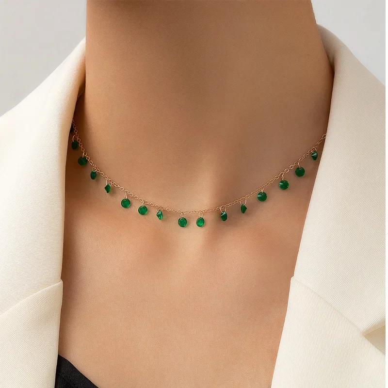 Temperament Fashion Green Stone Beaded Pendant Necklace for Women Simple Korea Fashion Collarbone Chain Jewelry Accessories Gift