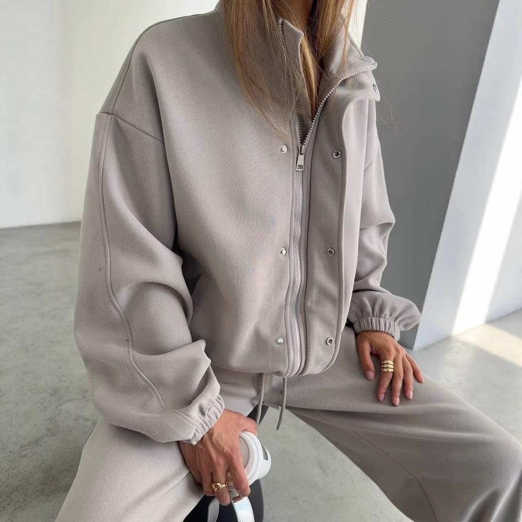 Hot Sale Minimalist Casual Suit Loose Stand-Up Neck Zipper Jacket Drape Wide Leg Pants Two-piece Set