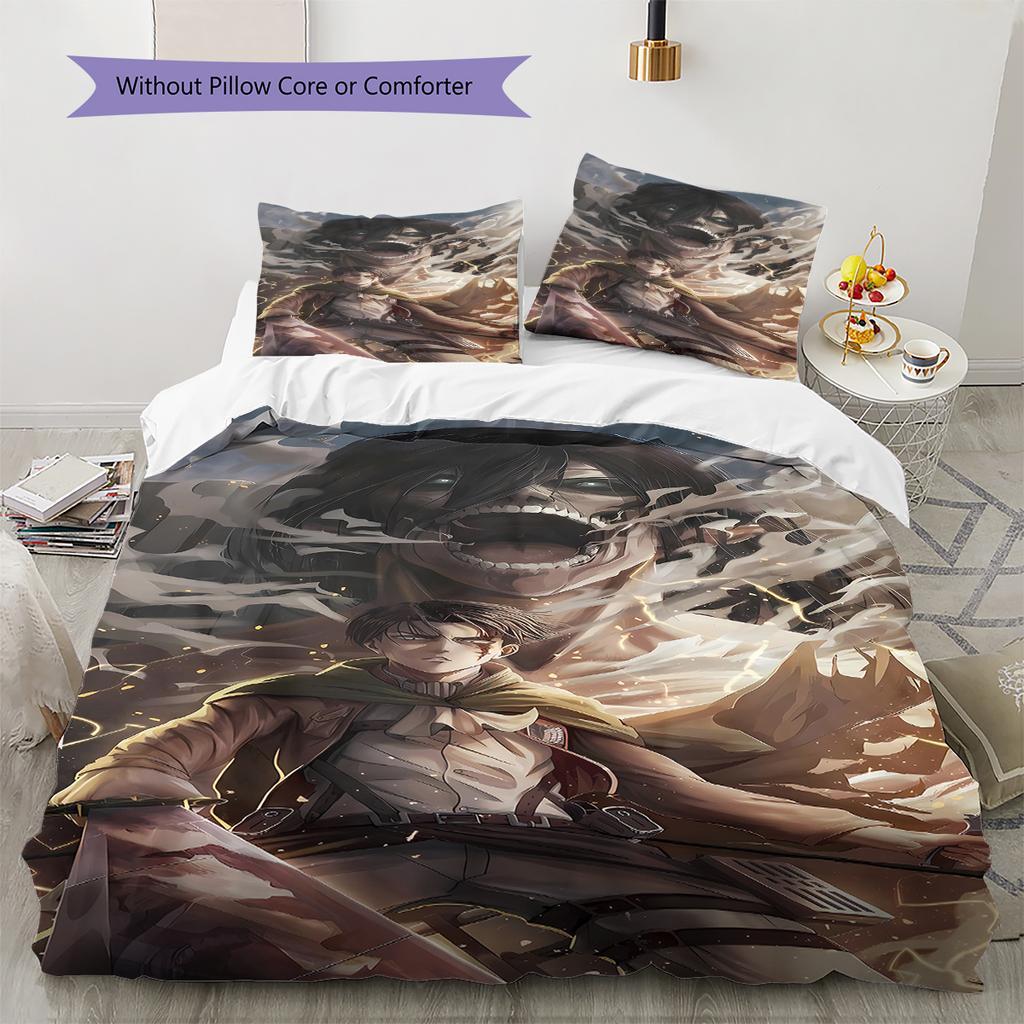 Attack on Titan Pattern Bedding,Quilt Set Quilt Cover Pillowcase Home Birthday Gift (1 * duvet cover + 2 * pillowcase, without core)