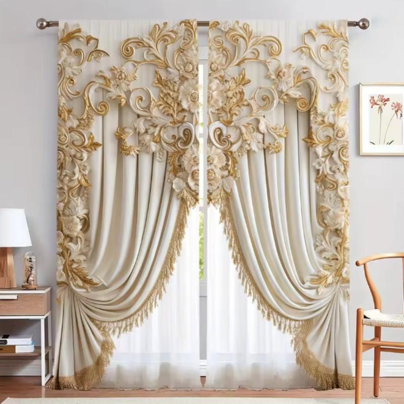2PCS luxury gold classical curtains, pole bag polyester material design, bedroom, home decoration