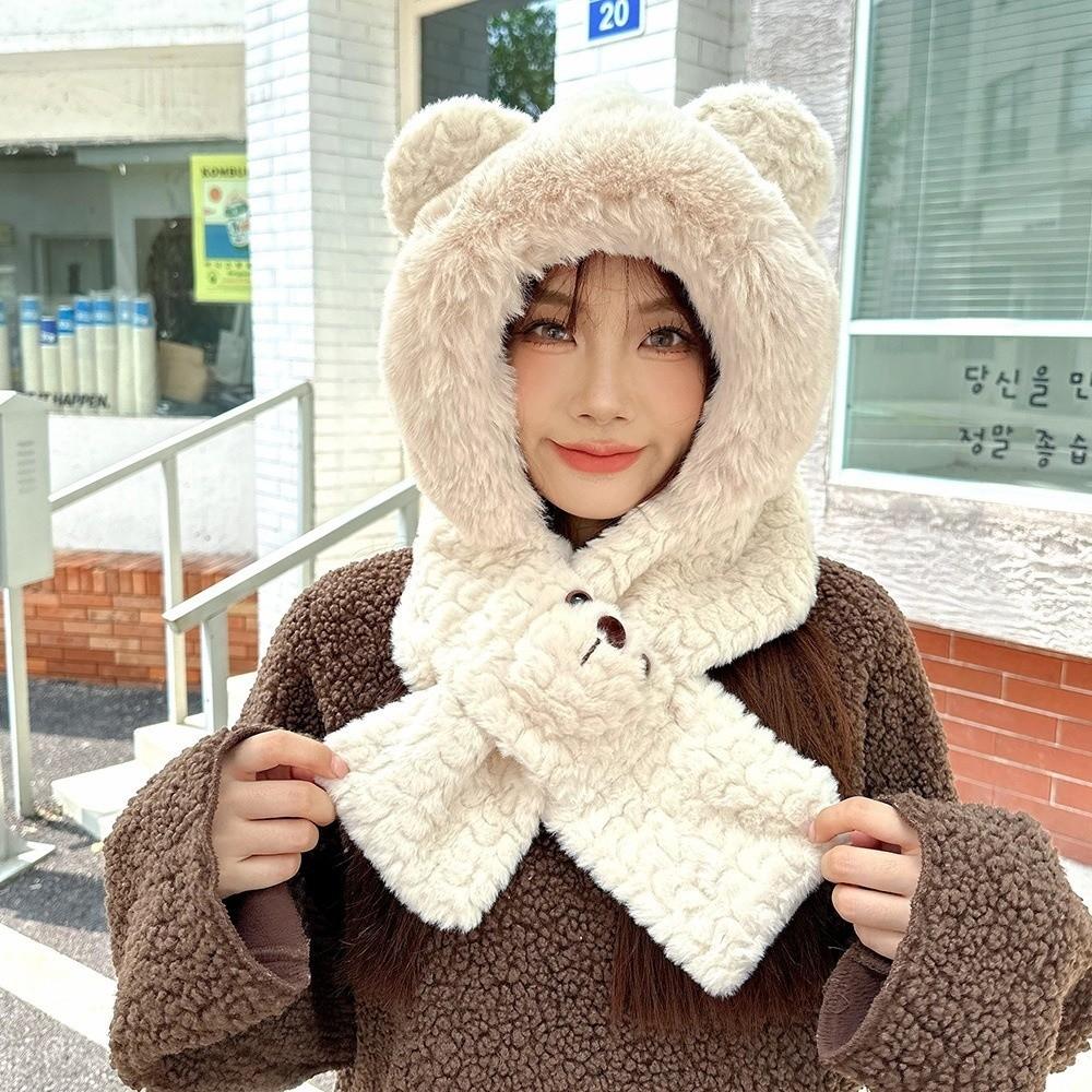 Warm Bear Ear Hat Solid Color Winter Neckerchief Fashion 2 in 1 Plush Scarf Ski