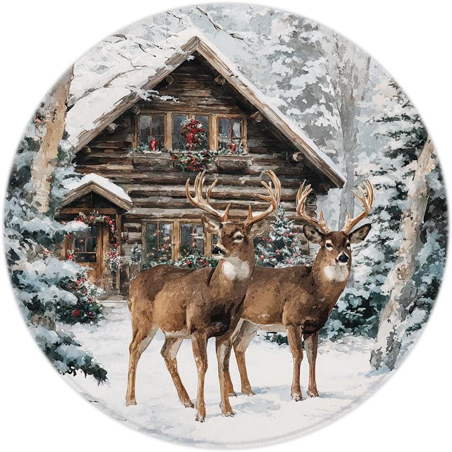 Winter Farm Theme Round Rug Rustic Country Style Forest Deer Horse Decor Carpet Home Indoor Decor Mat for Living Room Bedroom