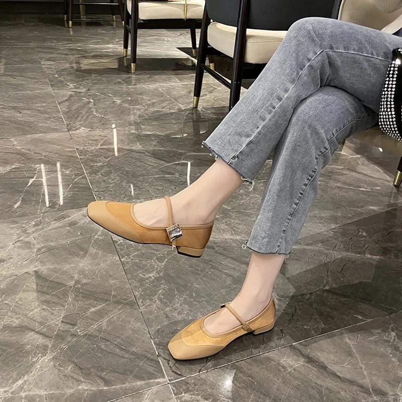 2024 Fashion Flats Women Genuine Cow Leather Cloth Square Toe Metal Decoration Patchwork Ladies Shoes Handmade