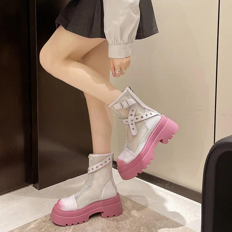Fashion 6.5cm New Air Mesh Breathable Motorcycle Ankle Boots Genuine Leather Shoes Fashion Sandals Summer Ladies Hollow Boots Woman