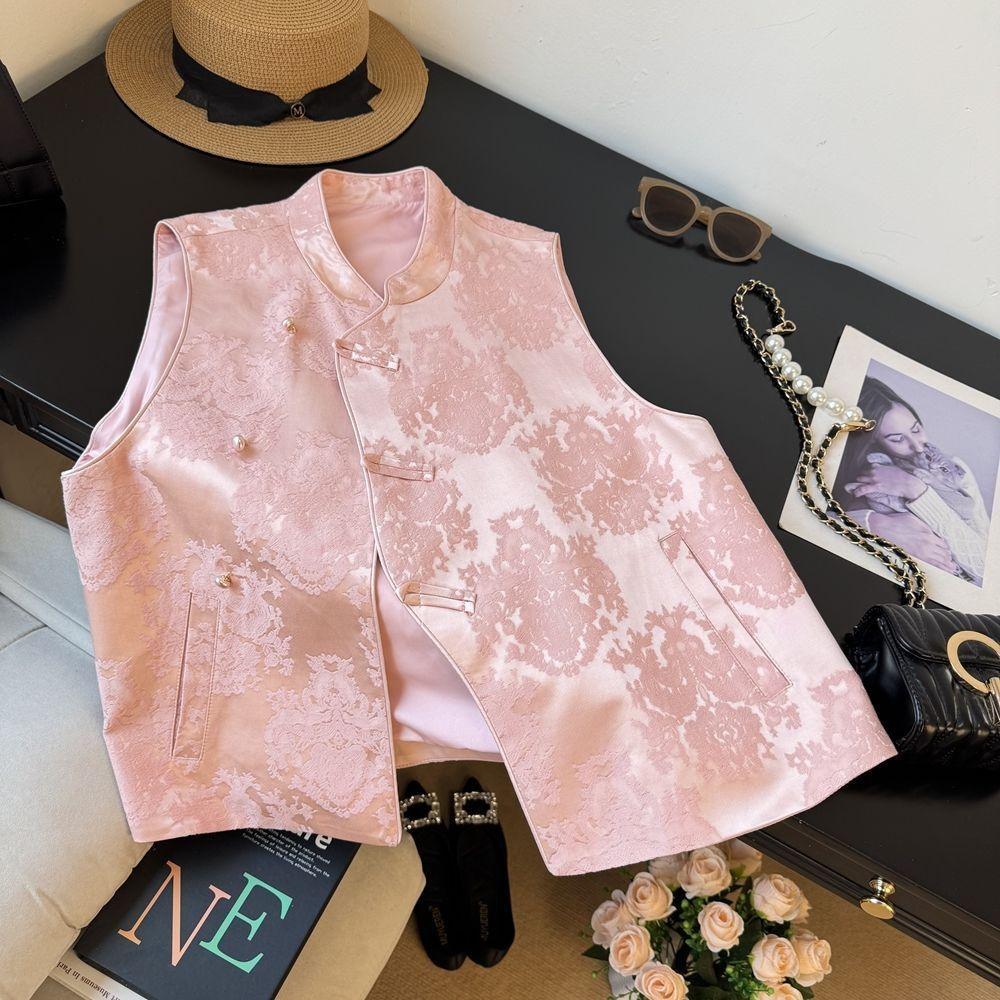 Light Pink Vest Women's Spring and Autumn New Style Temperament Stand-up Collar Retro Clip-on Women's Top Antique Style