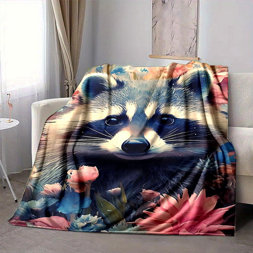 1pc Raccoon Flowers Print Blanket   Lightweight Flannel Throw Blanket For Sofa, Bed, Living Room, Office, Outdoor Travel, Camping